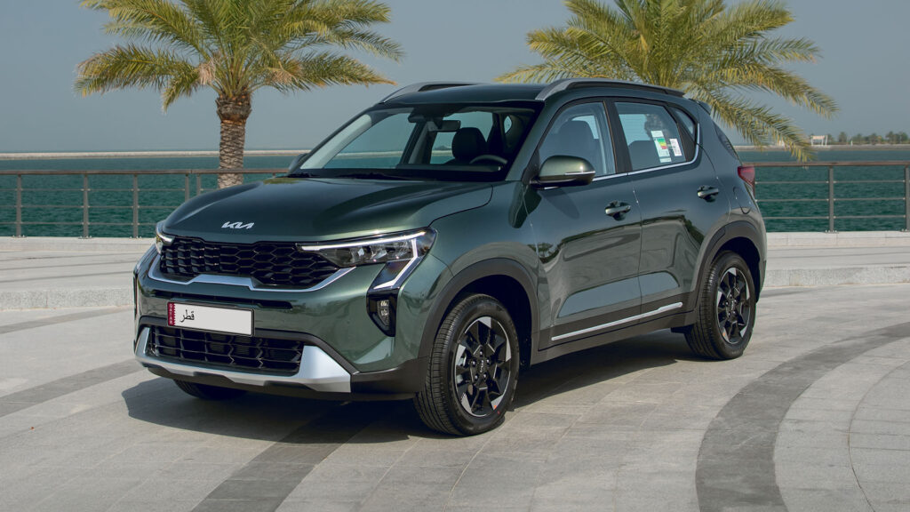 Kia Sonet front view showcasing sleek LED headlights and bold grille