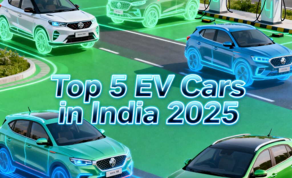 Top 5 EV cars silhouettes with electric blue and green eco-friendly background showing urban roads and charging stations