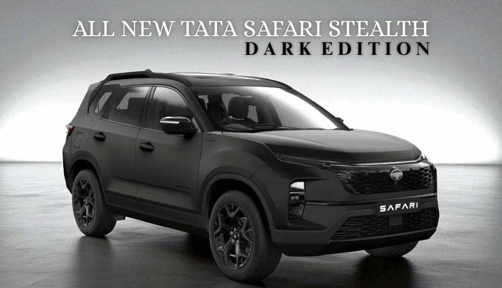 Tata Safari STEALTH Dark Edition parked under spotlights, ultimate matte black SUV branding