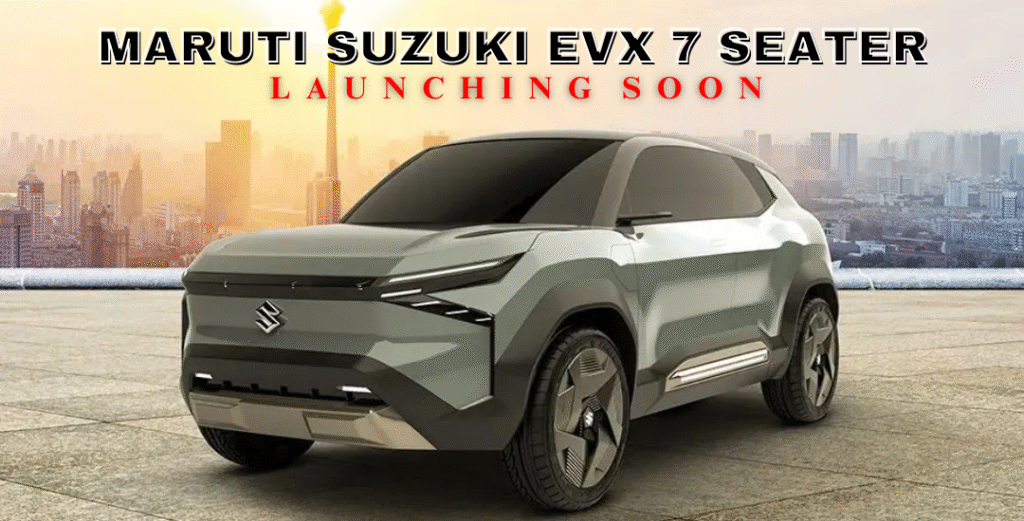 Promotional image of Maruti Suzuki EVX 7-seater electric SUV highlighting range and family features