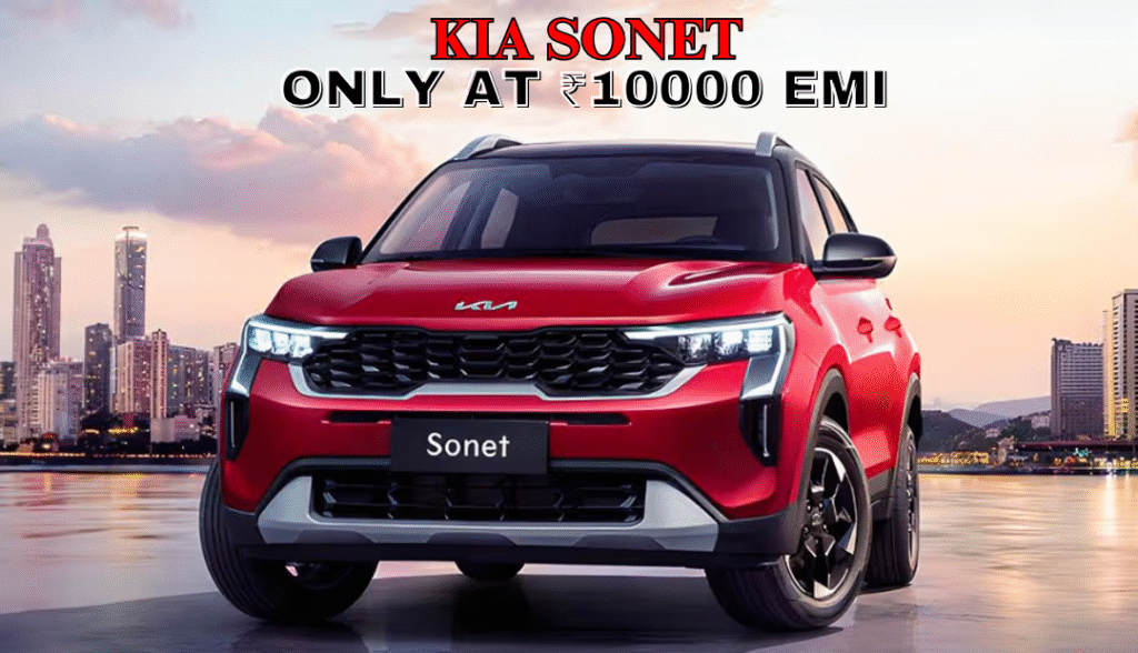 Kia Sonet promotional image highlighting ₹10,000 monthly EMI offer in bold text