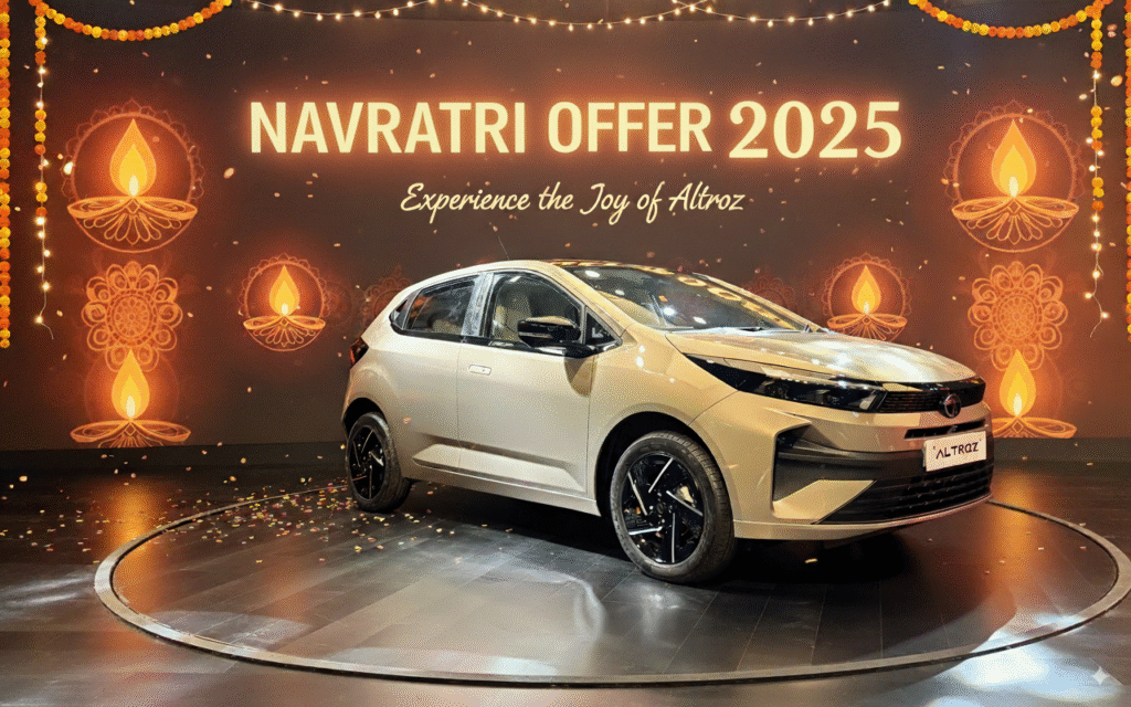 Tata Altroz 2025 front and side angle with Navratri ₹1.75 Lakh downpayment offer