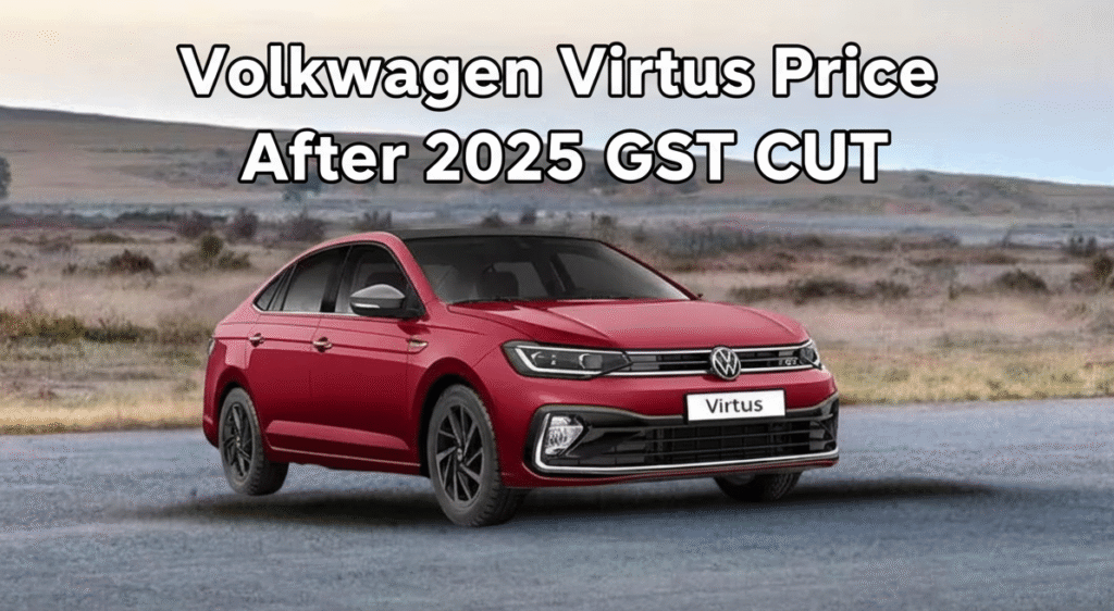 Volkswagen Virtus promotional image with bold text "Price Slashed After 2025 GST Cut"