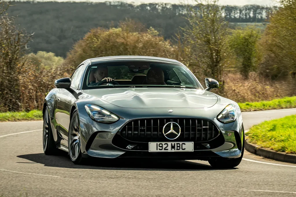 Mercedes AMG GT 2025 high performance sports car front and side angle