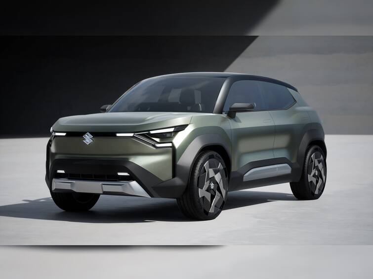 Front view of Maruti Suzuki EVX electric SUV with closed grille and Y-shaped LED daytime running lights