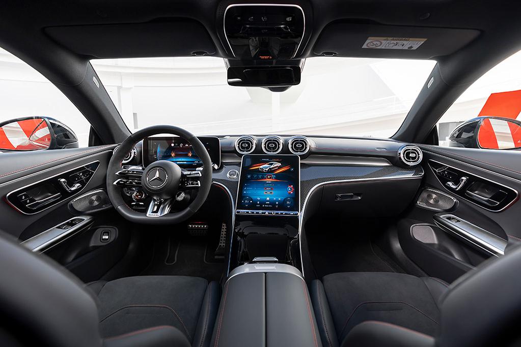 Mercedes AMG CLE 53 2025 luxury coupe interior with Burmester sound ambient lighting