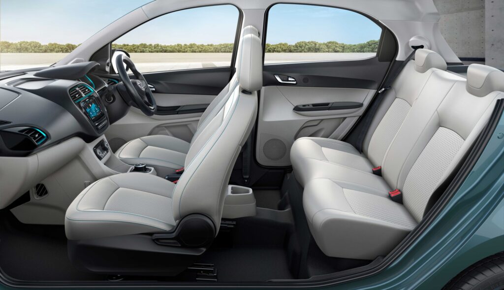 Tata Tiago EV 2025 interior with 10.25-inch touchscreen infotainment and digital cluster