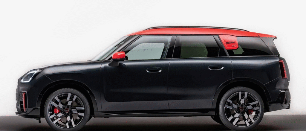 Mini JCW Countryman ALL4 2025 luxurious interior with red contrast stitching and digital displays