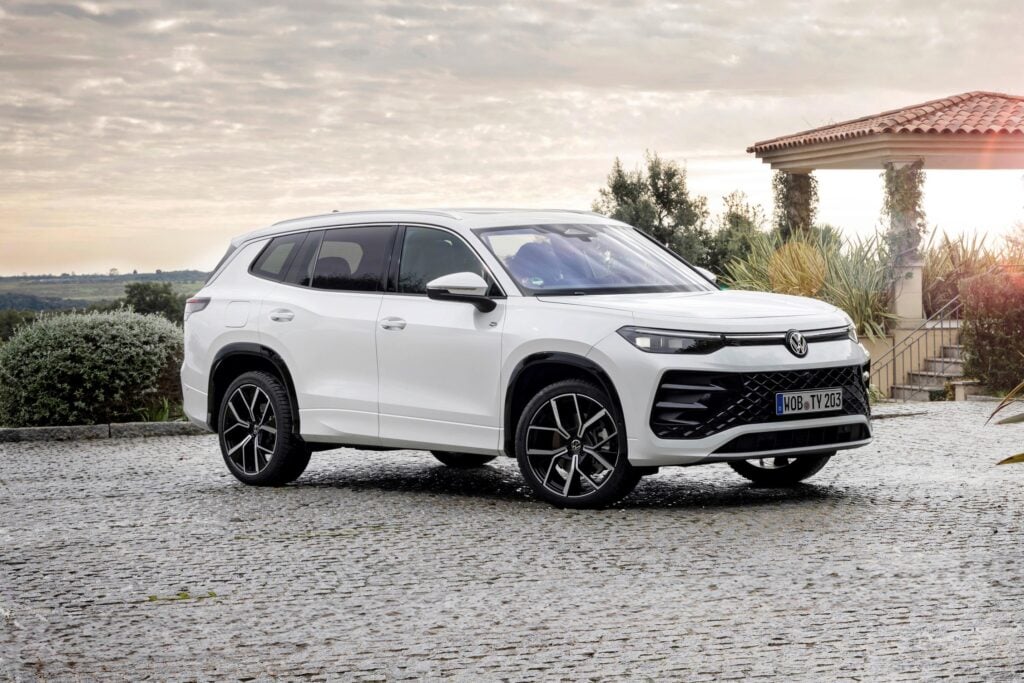 Close-up of Volkswagen Tayron LED headlamps and R-Line badging in India
