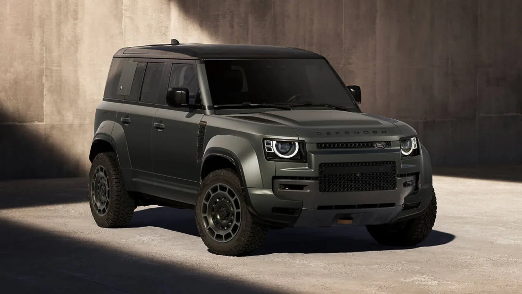 Land Rover Defender EV prototype showing boxy silhouette, LED headlamps, and rugged urban SUV stance
