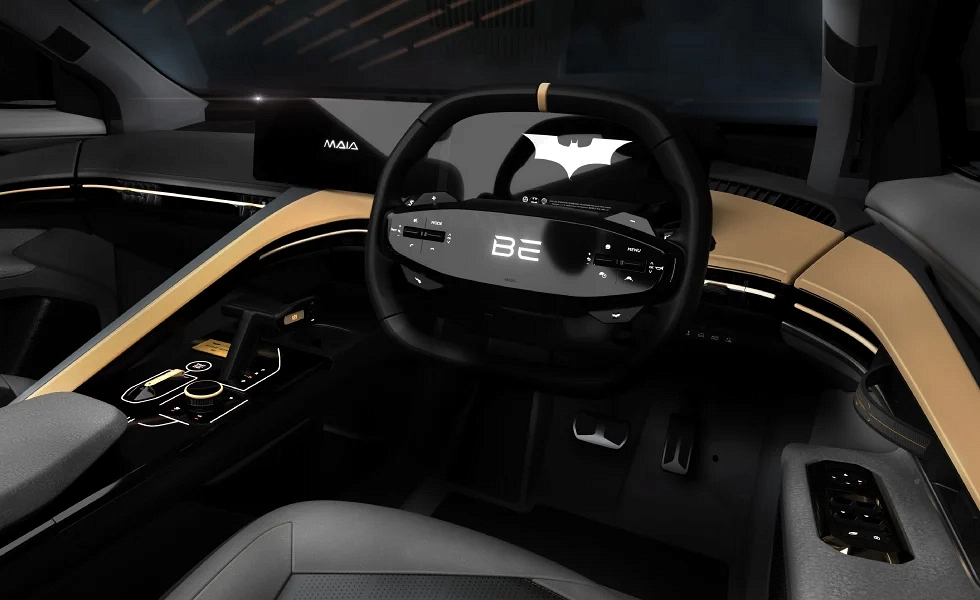 Interior cabin of Mahindra BE6 Batman Edition with illuminated Dark Knight theme