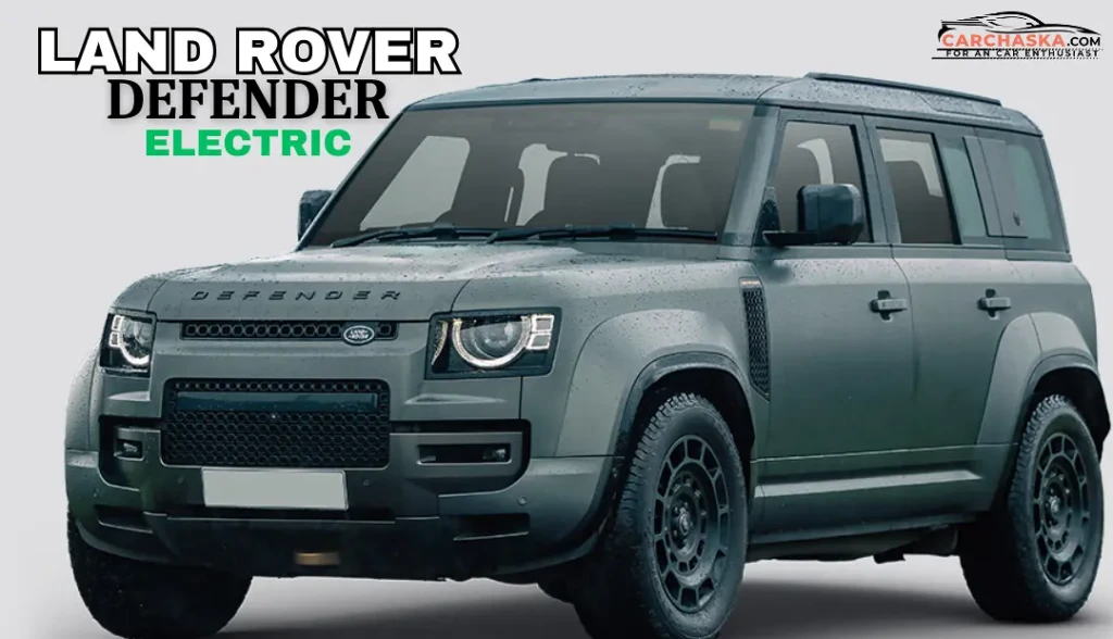 Full exterior spy image of Land Rover Defender Electric testing on road, displaying boxy shape, wide wheel arches, and LED lighting signature.