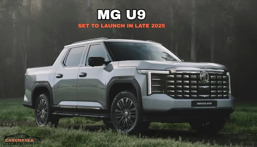 Dynamic angle shot of MG U9 mid-size pickup truck highlighting muscular stance, LED lights, and premium exterior accents