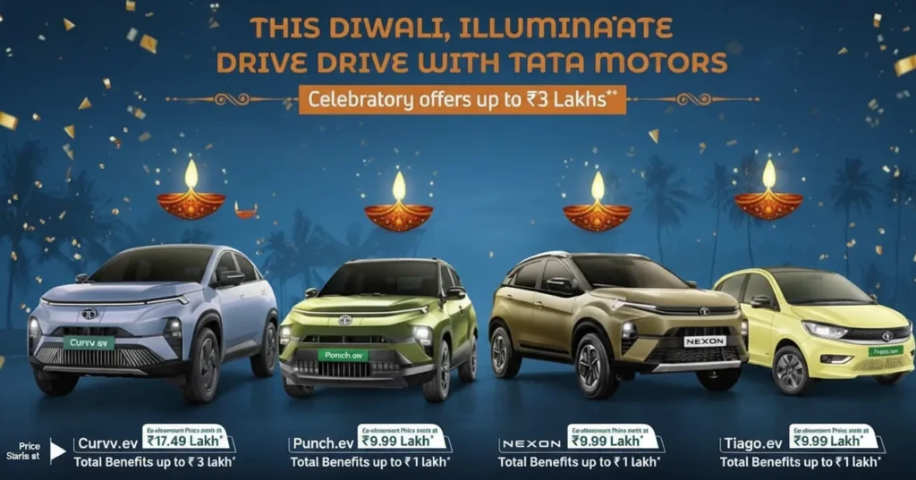 Tata Motors showroom with festive Diwali decorations and Tata SUVs displayed with offer banners.