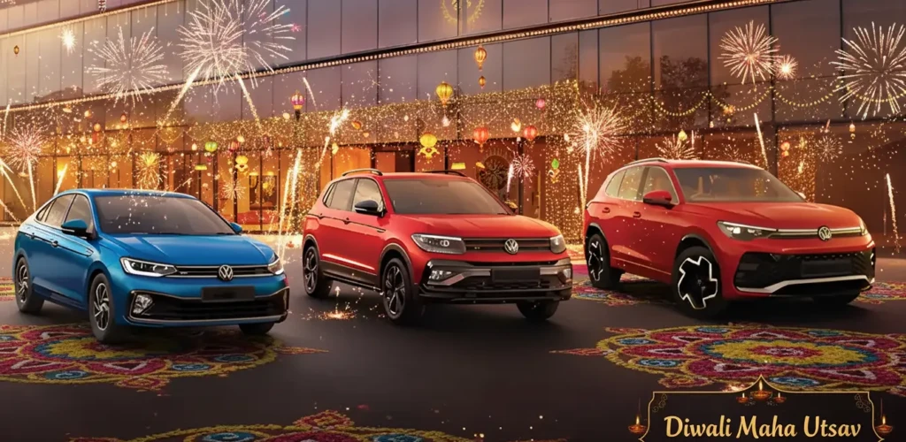 Volkswagen dealership decorated for Diwali 2025 with Taigun, Virtus, and Vento displayed alongside discount offer banners