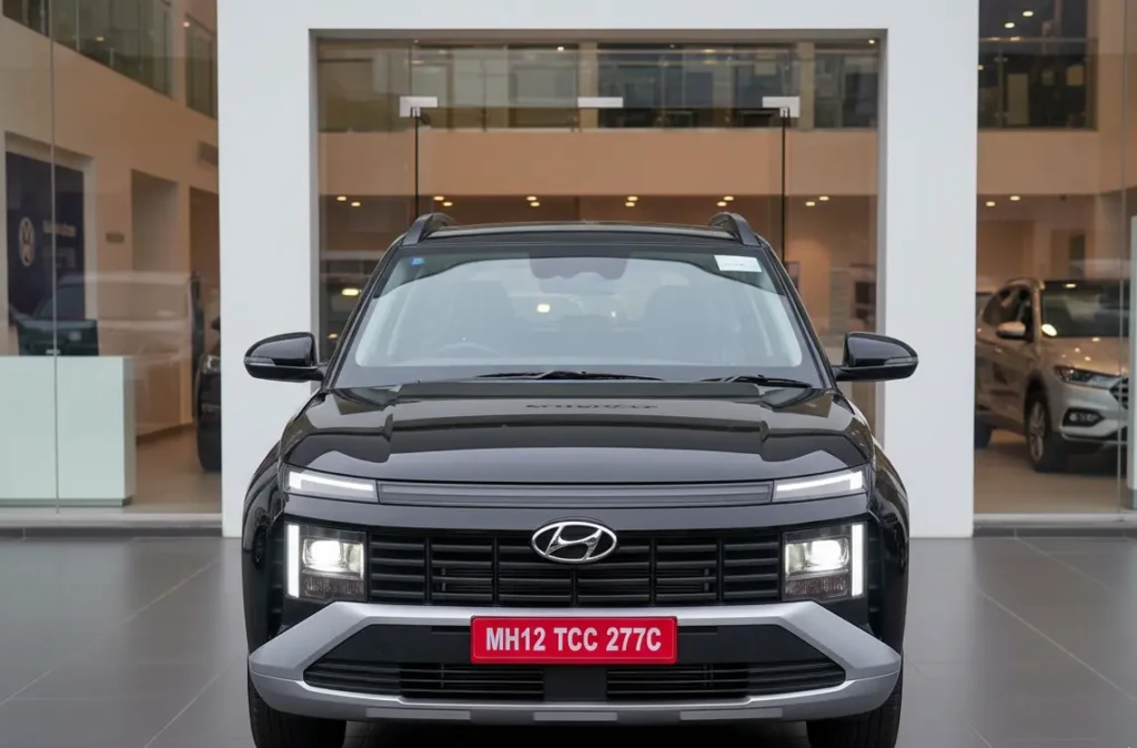 Hyundai Venue 2025 front view displaying split LED DRLs, quad-beam projector headlights, and bold rectangular grille.