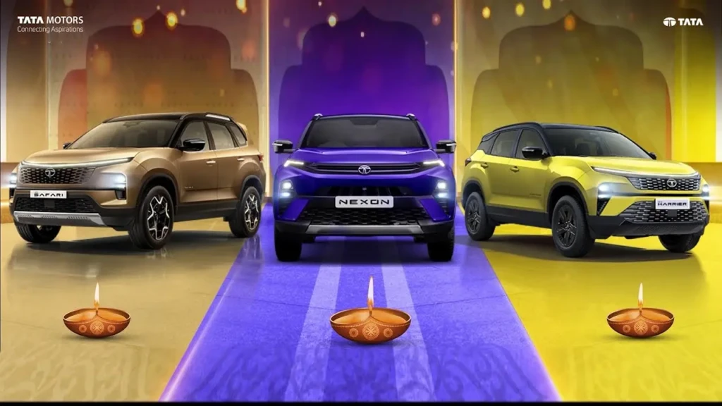 Tata Harrier and Safari parked with Diwali bumper offer banners.