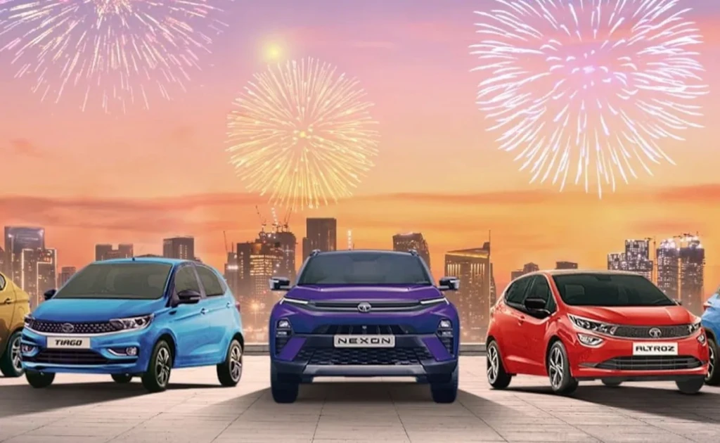 Tata Nexon in front of festive showroom with Diwali lights and offer signage.