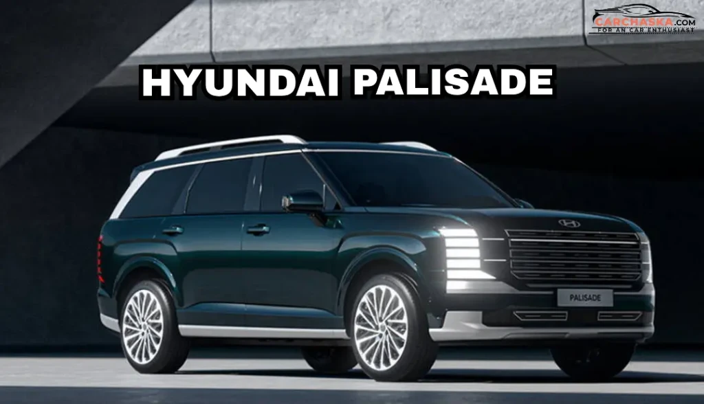 Hyundai Palisade full-size SUV in silver, LED signature lights, displayed on mountain road