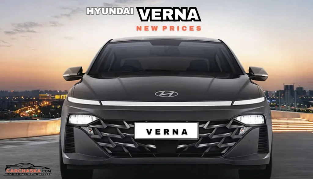 Hyundai Verna 2025 model front view in metallic grey with price tag